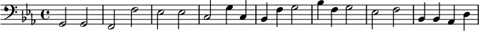 {\clef bass \key ees \major g,2 g, f, f ees ees c g4 c bes, f g2 bes4 f g2 ees f bes,4 bes, aes, d}