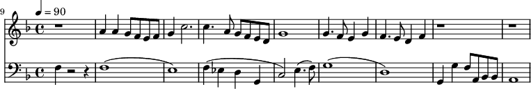 {
<<
\relative c '' {
\new Staff {
\set Staff.midiMinimumVolume = #1.5
\set Staff.midiMaximumVolume = #1.8
\set Score.currentBarNumber = #9 \bar "" \tempo 4=90 \key f \major
r1 a4 a g8 f e f g4 c2. c4. a8 g f e d g1 g4. f8 e4 g f4. e8 d4 f r1 r1
}
}
{
\new Staff \with {midiInstrument = #"acoustic bass"}
{
\set Staff.midiMinimumVolume = #1.9
\set Staff.midiMaximumVolume = #1.95
\clef bass \key f \major
f4 r2 r4 f1( e1) f4( ees d g, c2) e4.( f8) g1( d1) g,4 g f8 a, bes, bes, a,1
}
}
>>
}
\midi{}