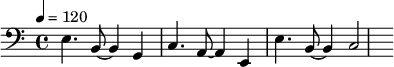 {\clef bass \tempo 4=120 e4. b,8 ~ b,4 g, c4. a,8 ~ a,4 e, e4. b,8 ~ b,4 c2}\midi{}