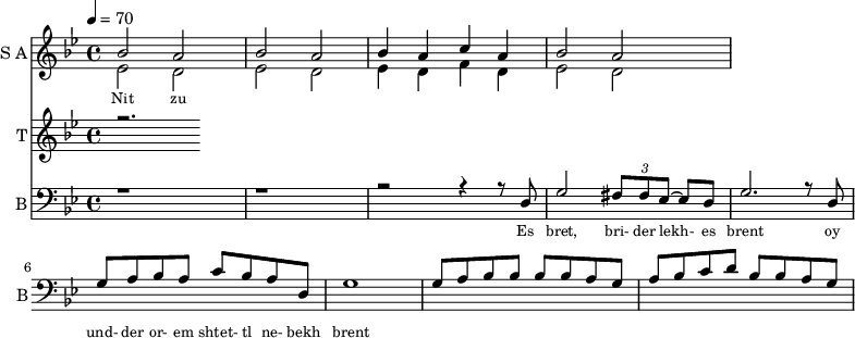 
<<
  \new Staff     
    \with {instrumentName = "S A"
           shortInstrumentName = "S A"}
    <<
    \set Staff.midiMinimumVolume = #0.3
    \set Staff.midiMaximumVolume = #0.7
    \set Score.currentBarNumber = #1 \bar "" \tempo 4=70 \time 4/4 \key bes \major

    \new Voice = "one" \relative c '' {  
      \voiceOne
        bes2 a bes a bes4 a c a bes2 a
    }
    \new Voice = "two" \relative c '{  
      \voiceTwo
        ees2 d ees d ees4 d f d ees2 d  
    }
    >>
    \new Lyrics \lyricsto "one" {\set fontSize = #-2
      Nit zu
    }
  \new Staff  
    \with {instrumentName = "T"
           shortInstrumentName = "T"}
    <<
    \set Staff.midiMinimumVolume = #0.3
    \set Staff.midiMaximumVolume = #0.5      
    \set Score.currentBarNumber = #1 \bar "" \tempo 4=70 \time 4/4 \key bes \major
    \new Voice = "three" \fixed c '' {
      \voiceOne
      r2. 
    }
    >>
    \new Lyrics \lyricsto "three" {\set fontSize = #-2
    
    }

  \new Staff \with {midiInstrument = #"acoustic bass"
       instrumentName = "B"
       shortInstrumentName = "B"} <<
    \set Staff.midiMinimumVolume = #4.7
    \set Staff.midiMaximumVolume = #5.9
    \set Score.currentBarNumber = #1 \bar "" \tempo 4=70 \time 4/4 \key bes \major
    \clef bass 
    \new Voice = "four"{
      \voiceOne 
      r1 r r2 r4 r8 d g2 \tuplet 3/2 {fis8 fis ees~} ees d g2. r8 d g a bes a c' bes a d g1 g8 a bes bes bes bes a g a bes c' d' bes bes a g  
    }
    >>
    \new Lyrics \lyricsto "four" {\set fontSize = #-2
    Es bret, bri- der lekh- es brent oy und- der or- em shtet- tl ne- bekh brent
    }
>>
\midi{}