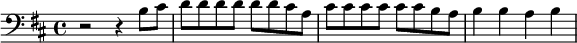 {\clef bass \key d \major r2 r4 b8 cis' d' d' d' d' d' d' cis' a cis' cis' cis' cis' cis' cis' b a b4 b a b}