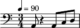 {\clef bass \tempo 4=90 \time 3/4
\set Score.currentBarNumber = #1 \bar ""
a,8 r4 a,8 c d
}\addlyrics {\set fontSize = #-2
}
\midi{}