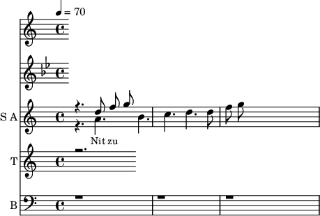 <<
\set Score.currentBarNumber = #1 \bar "" \tempo 4=70 \time 4/4 \key bes \major
\new Staff
\with {instrumentName = "S A"
shortInstrumentName = "S A"}
<<
\set Staff.midiMinimumVolume = #0.3
\set Staff.midiMaximumVolume = #0.7
\new Voice = "one" \relative c '' {
\voiceOne
r4. d8 f8 g8
}
\new Voice = "two" \relative c ''{
\voiceTwo
r4. a b c d d8 f8 g8
}
>>
\new Lyrics \lyricsto "one" {\set fontSize = #-2
Nit zu
}
\new Staff
\with {instrumentName = "T"
shortInstrumentName = "T"}
<<
\set Staff.midiMinimumVolume = #0.3
\set Staff.midiMaximumVolume = #0.5
\new Voice = "three" \fixed c '' {
\voiceOne
r2.
}
>>
\new Lyrics \lyricsto "three" {\set fontSize = #-2
}
\new Staff \with {midiInstrument = #"acoustic bass"
instrumentName = "B"
shortInstrumentName = "B"} <<
\set Staff.midiMinimumVolume = #4.7
\set Staff.midiMaximumVolume = #5.9
\clef bass
\new Voice = "four"{
\voiceOne
r1 r r
}
>>
\new Lyrics \lyricsto "four" {\set fontSize = #-2
oo
}
>>
\midi{}