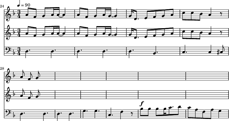 
{
  <<
    \relative c '' {
      \new Staff {
        \set Staff.midiMinimumVolume = #1.1
        \set Staff.midiMaximumVolume = #1.3
        \set Score.currentBarNumber = #24 \bar "" \tempo 4=90  \key f \major \time 3/4
        a8 f g a16 a~ a4 a8 f g a16 g~ g4 g16 d8. e8 f g a c c bes a4 r8 a f g
      }

    }
    \relative c '' {
      \new Staff {
        \set Staff.midiMinimumVolume = #1.1
        \set Staff.midiMaximumVolume = #1.3
        \set Score.currentBarNumber = #24 \bar "" \tempo 4=90  \key f \major \time 3/4
        a8 f g a16 a~ a4 a8 f g a16 g~ g4 g16 d8. e8 f g a c c bes a4 r8 a f g
      }
    }
    \new Staff  \with {midiInstrument = #"acoustic bass"} 
    {
      \set Staff.midiMinimumVolume = #2.7
      \set Staff.midiMaximumVolume = #3.9
      \set Score.currentBarNumber = #24 \bar ""
      \clef bass \key f \major \time 3/4
      d4. d d d d bes, c c4 cis8 d4. d d d g g c f4 r8 bes8^\f bes bes bes16 c'8. d'8 c' a f a g4
    }
  >>
}
\midi{}