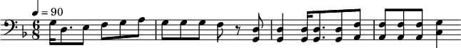{\clef bass \tempo 4=90\key f \major \time 6/8
g16 d8. e8 f g a g g g f r8 <d g,> <d g,>4 <d g,>16 <d g,>8. <d g,>8 <f a,>8 <f a,>8 <f a,>8 <f a,>8 <g c>4 \break}\midi{}