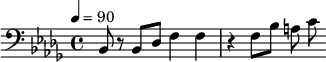 {\clef bass \tempo 4=90 \key bes \minor
\set Score.currentBarNumber = #1 \bar ""
bes,8 r bes, des f4 f r f8 bes a c'
}\addlyrics {\set fontSize = #-2
}
\midi{}