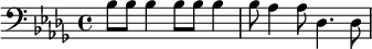 {\clef bass \key des \major bes8 bes bes4 bes8 bes bes4 bes8 aes4 aes8 des4. des8}