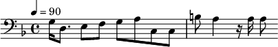 {\clef bass \tempo 4=90\key f \major
g16 d8. e8 f g a c c b a4 r16 a a8
}\midi{}
