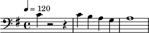 {\clef bass \tempo 4=120 \key g \major c' r2 r4 c' b a g a1}\midi{}