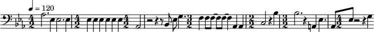 {\clef bass \tempo 4 = 120 \key ees \major \numericTimeSignature
\time 4/2 aes2. ees4 ees2. ees4 \time 4/2 ees4 ees ees ees ees ees \time 4/2 aes,2 r2 r4 r8 bes,8 ees8 g4.
\time 3/2 f4 f8 f~ f f~ f4 aes, aes, \time 2/2 c2 r4 bes \time 3/2 bes2. r4  a,es4. aes,8 \time 4/2 ees r2 r4 g
}\midi{}