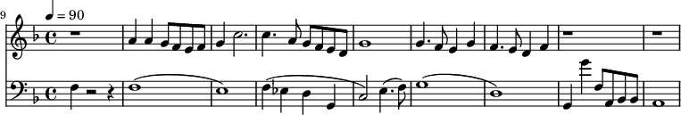 
{
  <<
    \relative c '' {
      \new Staff {
        \set Staff.midiMinimumVolume = #1.5
        \set Staff.midiMaximumVolume = #1.8
        \set Score.currentBarNumber = #9 \bar "" \tempo 4=90  \key f \major
        r1 a4 a g8 f e f g4  c2. c4. a8 g f e d g1 g4. f8 e4 g f4. e8 d4 f r1 r1
      }
    }
    {
      \new Staff  \with {midiInstrument = #"acoustic bass"} 
      {
        \set Staff.midiMinimumVolume = #1.9
        \set Staff.midiMaximumVolume = #1.95
        \clef bass \key f \major 
        f4 r2 r4 f1( e1) f4( ees d g, c2) e4.( f8) g1( d1) g,4 g' f8 a, bes, bes, a,1
      }
    }
  >>
}
\midi{}