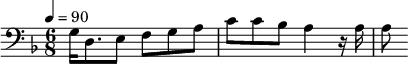 {\clef bass \tempo 4=90\key f \major \time 6/8
g16 d8. e8 f g a c' c' bes a4 r16 a a8
}\midi{}