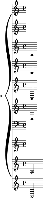 
{
  \new PianoStaff <<
    \set PianoStaff.instrumentName = #"Piano  "
    \new Staff  
      \clef treble
      \key c \major
      \time 4/4
      a4 b c d
    \new Staff
      \clef bass
      \key c \major
      \time 4/4
      a2 c
  >>
}
\midi{}