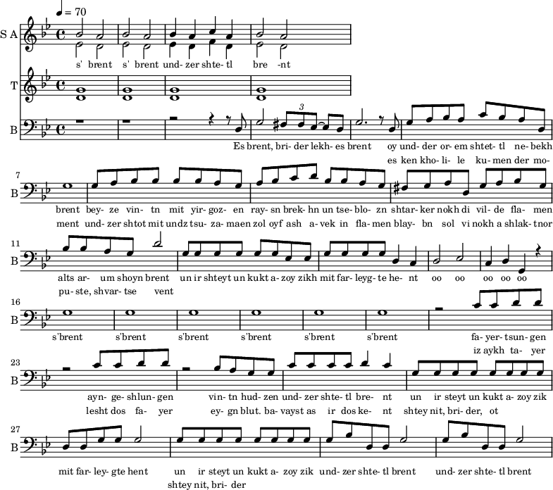 
<<
  \new Staff     
    \with {instrumentName = "S A"
           shortInstrumentName = "S A"}
    <<
    \set Staff.midiMinimumVolume = #0.3
    \set Staff.midiMaximumVolume = #0.7
    \set Score.currentBarNumber = #1 \bar "" \tempo 4=70 \time 4/4 \key bes \major

    \new Voice = "one" \relative c '' {  
      \voiceOne
        bes2 a bes a bes4 a c a bes2 a
    }
    \new Voice = "two" \relative c '{  
      \voiceTwo
        ees2 d ees d ees4 d f d ees2 d  
    }
    >>
    \new Lyrics \lyricsto "one" {\set fontSize = #-2
      s' brent s' brent und- zer shte- tl bre -nt
    }
  \new Staff  
    \with {instrumentName = "T"
           shortInstrumentName = "T"}
    <<
    \set Staff.midiMinimumVolume = #0.3
    \set Staff.midiMaximumVolume = #0.5      
    \set Score.currentBarNumber = #1 \bar "" \tempo 4=70 \time 4/4 \key bes \major
    \new Voice = "three" \fixed c ' {
      \voiceOne
       g1 g  g g 
    }
    \new Voice = "four" \fixed c ' {
      \voiceTwo
       d1 d d d
    }    
    >>
    \new Lyrics \lyricsto "three" {\set fontSize = #-2
    
    }

  \new Staff \with {midiInstrument = #"acoustic bass"
       instrumentName = "B"
       shortInstrumentName = "B"} <<
    \set Staff.midiMinimumVolume = #14.7
    \set Staff.midiMaximumVolume = #15.9
    \set Score.currentBarNumber = #1 \bar "" \tempo 4=70 \time 4/4 \key bes \major
    \clef bass 
    \new Voice = "five"{
      \voiceOne 
      r1 r r2 r4 r8 d g2 \tuplet 3/2 {fis8 fis ees~} ees d g2. r8 d g a bes a c' bes a d g1 g8 a bes bes bes bes a g a bes c' d' bes bes a g fis g a d g a bes g bes bes a g d'2 g8 g g g g g ees ees g g g g d4 c d2 ees c4 d g, r4 g1 g g g g g r2 c'8 c' d' d' r2 c'8 c' d' d' r2 bes8 a g g c' c' c' c' d'4 c' g8 g g g g g g g d d g g g2 g8 g g g g g g g g bes d d g2 g8 bes d d g2
    }
    >>
    \new Lyrics \lyricsto "five" {\set fontSize = #-2
    Es brent, bri- der lekh- es brent oy und- der or- em shtet- tl ne- bekh brent bey- ze vin- tn mit yir- goz- en ray- sn brek- hn un tse- blo- zn shtar- ker nokh di vil- de fla- men alts ar- um shoyn brent un ir shteyt un kukt a- zoy zikh mit far- leyg- te he- nt oo oo oo oo oo s'brent s'brent s'brent s'brent s'brent s'brent fa- yer- tsun- gen ayn- ge- shlun- gen vin- tn hud- zen und- zer shte- tl bre- nt un ir steyt un kukt a- zoy zik mit far- ley- gte hent un ir steyt un kukt a- zoy zik und- zer shte- tl brent und- zer shte- tl brent
    }
    \new Lyrics \lyricsto "five" {\set fontSize = #-2
            _ _ _ _ _ _ _                 es ken kho- li- le ku- men der mo- ment und- zer shtot mit undz tsu- za- maen zol oyf ash a- vek in fla- men blay- bn sol vi nokh a shlak- tnor pu- ste, shvar- tse vent _ _ _ _ _ _ _ _  _ _ _ _ _ _ _ _ _ _ _ _  _ _ _ _ _ iz aykh ta- yer  lesht dos fa- yer ey- gn blut. ba- vayst as ir dos ke- nt  shtey nit, bri- der, ot _ _ _ _ _ _ _ _ shtey nit, bri- der           
}
>>
\midi{}