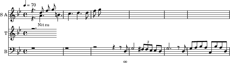<<
\new Staff
\with {instrumentName = "S A"
shortInstrumentName = "S A"}
<<
\set Staff.midiMinimumVolume = #0.3
\set Staff.midiMaximumVolume = #0.7
\set Score.currentBarNumber = #1 \bar "" \tempo 4=70 \time 4/4 \key bes \major
\new Voice = "one" \relative c '' {
\voiceOne
r4. d8 f8 g8
}
\new Voice = "two" \relative c ''{
\voiceTwo
r4. a b c d d8 f8 g8
}
>>
\new Lyrics \lyricsto "one" {\set fontSize = #-2
Nit zu
}
\new Staff
\with {instrumentName = "T"
shortInstrumentName = "T"}
<<
\set Staff.midiMinimumVolume = #0.3
\set Staff.midiMaximumVolume = #0.5
\set Score.currentBarNumber = #1 \bar "" \tempo 4=70 \time 4/4 \key bes \major
\new Voice = "three" \fixed c '' {
\voiceOne
r2.
}
>>
\new Lyrics \lyricsto "three" {\set fontSize = #-2
}
\new Staff \with {midiInstrument = #"acoustic bass"
instrumentName = "B"
shortInstrumentName = "B"} <<
\set Staff.midiMinimumVolume = #4.7
\set Staff.midiMaximumVolume = #5.9
\set Score.currentBarNumber = #1 \bar "" \tempo 4=70 \time 4/4 \key bes \major
\clef bass
\new Voice = "four"{
\voiceOne
r1 r r2 r4 r8 d g2 \tuplet 3/2 {fis8 fis ees} ees d g2. r8 d g a bes a c bes a d
}
>>
\new Lyrics \lyricsto "four" {\set fontSize = #-2
oo
}
>>
\midi{}