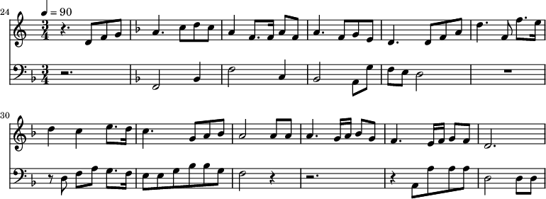 
{
  <<
    \relative c ' {
      \new Staff {
        \set Staff.midiMinimumVolume = #0.3
        \set Staff.midiMaximumVolume = #0.7
        \set Score.currentBarNumber = #24 \bar "" \tempo 4=90  \key c \major \time 3/4
        r4. d8 f8 g8 \key f \major a4. c8 d c a4 f8. f16 a8 f8 a4. f8 g e d4. d8 f a d4. f,8 f'8. e16 d4 c4 e8. d16 c4. g8 a bes a2 a8 a a4. g16 a bes8g f4. e16 f g8 f d2.
      }

    }
    \new Staff  \with {midiInstrument = #"acoustic bass"} 
    {
      \set Staff.midiMinimumVolume = #4.7
      \set Staff.midiMaximumVolume = #5.9
      \set Score.currentBarNumber = #24 \bar ""
      \clef bass \key f \major \time 3/4
      r2. \key f \major f,2 bes,4 f2 c4 bes,2 a,8 g f e d2 R2. r8 d8 f a g8. f16 e8 e g bes bes g f2 r4 r2. r4 a,8 a a a d2 d8 d
    }
  >>
}
\midi{}