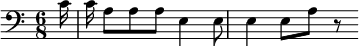{\clef bass \key c \major \time 6/8 \partial 16 16 16 a8[ a a] e4 e8 e4 e8 a r8}