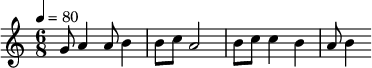 {\clef treble \tempo 4 = 80 \key c \major \time 6/8 \fixed c'
{g8 a4 a8 b4 b8 c' a2 b8 c' c'4 b4 a8 b4 }
 }\midi{}