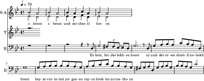 <<
\new Staff
\with {instrumentName = "S A"
shortInstrumentName = "S A"}
<<
\set Staff.midiMinimumVolume = #0.3
\set Staff.midiMaximumVolume = #0.7
\set Score.currentBarNumber = #1 \bar "" \tempo 4=70 \time 4/4 \key bes \major
\new Voice = "one" \relative c '' {
\voiceOne
bes2 a bes a bes4 a c a bes2 a
}
\new Voice = "two" \relative c '{
\voiceTwo
ees2 d ees d ees4 d f d ees2 d
}
>>
\new Lyrics \lyricsto "one" {\set fontSize = #-2
s' brent s' brent und- zer shte- tl bre -nt
}
\new Staff
\with {instrumentName = "T"
shortInstrumentName = "T"}
<<
\set Staff.midiMinimumVolume = #0.3
\set Staff.midiMaximumVolume = #0.5
\set Score.currentBarNumber = #1 \bar "" \tempo 4=70 \time 4/4 \key bes \major
\new Voice = "three" \fixed c '' {
\voiceOne
r2.
}
>>
\new Lyrics \lyricsto "three" {\set fontSize = #-2
}
\new Staff \with {midiInstrument = #"acoustic bass"
instrumentName = "B"
shortInstrumentName = "B"} <<
\set Staff.midiMinimumVolume = #4.7
\set Staff.midiMaximumVolume = #5.9
\set Score.currentBarNumber = #1 \bar "" \tempo 4=70 \time 4/4 \key bes \major
\clef bass
\new Voice = "four"{
\voiceOne
r1 r r2 r4 r8 d g2 \tuplet 3/2 {fis8 fis ees~} ees d g2. r8 d g a bes a c' bes a d g1 g8 a bes bes bes bes a g a bes c' d' bes bes a g fis g a d g a bes g bes bes a g d'2
}
>>
\new Lyrics \lyricsto "four" {\set fontSize = #-2
Es bret, bri- der lekh- es brent oy und- der or- em shtet- tl ne- bekh brent bey- ze vin- tn mit yir- goz- en ray- sn brek- hn un tse- blo- zn
}
>>
\midi{}