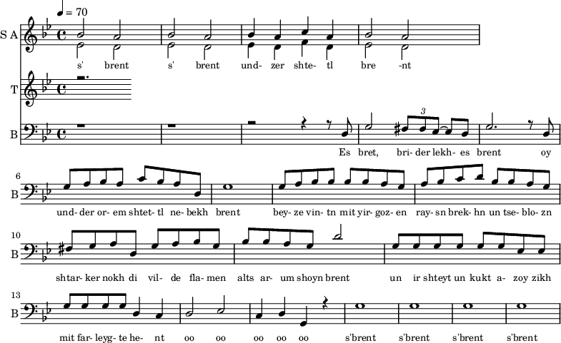 <<
\new Staff
\with {instrumentName = "S A"
shortInstrumentName = "S A"}
<<
\set Staff.midiMinimumVolume = #0.3
\set Staff.midiMaximumVolume = #0.7
\set Score.currentBarNumber = #1 \bar "" \tempo 4=70 \time 4/4 \key bes \major
\new Voice = "one" \relative c '' {
\voiceOne
bes2 a bes a bes4 a c a bes2 a
}
\new Voice = "two" \relative c '{
\voiceTwo
ees2 d ees d ees4 d f d ees2 d
}
>>
\new Lyrics \lyricsto "one" {\set fontSize = #-2
s' brent s' brent und- zer shte- tl bre -nt
}
\new Staff
\with {instrumentName = "T"
shortInstrumentName = "T"}
<<
\set Staff.midiMinimumVolume = #0.3
\set Staff.midiMaximumVolume = #0.5
\set Score.currentBarNumber = #1 \bar "" \tempo 4=70 \time 4/4 \key bes \major
\new Voice = "three" \fixed c '' {
\voiceOne
r2.
}
>>
\new Lyrics \lyricsto "three" {\set fontSize = #-2
}
\new Staff \with {midiInstrument = #"acoustic bass"
instrumentName = "B"
shortInstrumentName = "B"} <<
\set Staff.midiMinimumVolume = #14.7
\set Staff.midiMaximumVolume = #15.9
\set Score.currentBarNumber = #1 \bar "" \tempo 4=70 \time 4/4 \key bes \major
\clef bass
\new Voice = "four"{
\voiceOne
r1 r r2 r4 r8 d g2 \tuplet 3/2 {fis8 fis ees~} ees d g2. r8 d g a bes a c' bes a d g1 g8 a bes bes bes bes a g a bes c' d' bes bes a g fis g a d g a bes g bes bes a g d'2 g8 g g g g g ees ees g g g g d4 c d2 ees c4 d g, r4 g1 g g g
}
>>
\new Lyrics \lyricsto "four" {\set fontSize = #-2
Es bret, bri- der lekh- es brent oy und- der or- em shtet- tl ne- bekh brent bey- ze vin- tn mit yir- goz- en ray- sn brek- hn un tse- blo- zn shtar- ker nokh di vil- de fla- men alts ar- um shoyn brent un ir shteyt un kukt a- zoy zikh mit far- leyg- te he- nt oo oo oo oo oo s'brent s'brent s'brent s'brent
}
>>
\midi{}