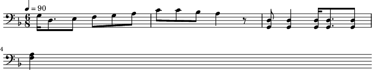 {\clef bass \tempo 4=90\key f \major \time 6/8
g16 d8. e8 f g a c' c' bes a4 r8 <d g,> <d g,>4 <d g,>16 <d g,>8. <d g,>8 \break
<f a>4
}\midi{}