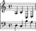 
{
  <<
    \new Staff {
      a b c d 
    }
    \new Staff {
      \clef bass
      d c b a
    }
  >>
}
\midi{}