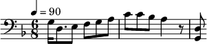 {\clef bass \tempo 4=90\key f \major \time 6/8
g16 d8. e8 f g a c' c' bes a4 r8 <d g,>
}\midi{}