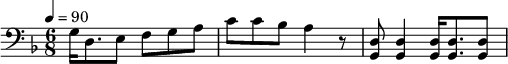 {\clef bass \tempo 4=90\key f \major \time 6/8 
g16 d8. e8 f g a c' c' bes a4 r8 <d g,> <d g,>4 <d g,>16 <d g,>8. <d g,>8
}\midi{}