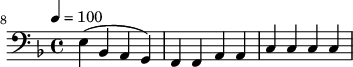 {\clef bass \tempo 4=100 \key f \major
\set Score.currentBarNumber = #8 \bar ""
e4( bes, a, g,) f, f, a,a, c c c c
}\addlyrics {\set fontSize = #-2
}
\midi{}