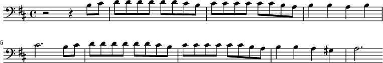 {\clef bass \key d \major r2 r4 b8 cis' d' d' d' d' d' d' cis' b cis' cis' cis' cis' cis' cis' b a b4 b a b cis'2. b8 cis' d' d' d' d' d' d' cis' b cis' cis' cis' cis' cis' cis' b a b4 b a gis a2.}