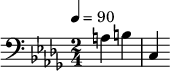 {\clef bass \tempo 4=90 \key bes \minor \time 2/4
\set Score.currentBarNumber = #1 \bar ""
a b c
}\addlyrics {\set fontSize = #-2
}
\midi{}