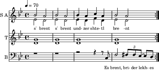 
<< 
  
  \new Staff     
    \with {instrumentName = "S A"
           shortInstrumentName = "S A"}
    <<
    \set Staff.midiMinimumVolume = #0.3
    \set Staff.midiMaximumVolume = #0.7
    \set Score.currentBarNumber = #1 \bar "" \tempo 4=70 \time 4/4 \key bes \major

    \new Voice = "s1" \relative c '' {  
      \voiceOne
        bes2 a bes a bes4 a c a bes2 a
    }
    \new Voice = "s2" \relative c '{  
      \voiceTwo
         ees2 d ees d ees4 d f d ees2 d  
    }
    >>
 
    \new Lyrics \lyricsto "s1" {\set fontSize = #-2
      s' brent s' brent und- zer shte- tl bre -nt de
    }

  %{
  \new Staff  
  \with {instrumentName = "A"
          shortInstrumentName = "A"}
  <<
  \set Staff.midiMinimumVolume = #0.3
  \set Staff.midiMaximumVolume = #0.5      
  \set Score.currentBarNumber = #1 \bar "" \tempo 4=70 \time 4/4 \key bes \major
  \new Voice = "a1" \fixed c ' {
    \voiceOne
      g1 g  g g 
  }
  \new Voice = "a2" \fixed c ' {
    \voiceTwo
      d1 d d d
  }    
  >>
  \new Lyrics \lyricsto "a1" {\set fontSize = #-2
  
  }
  \repeat volta 2
  %}

  \new Staff  
    \with {instrumentName = "T"
           shortInstrumentName = "T"}
    <<
    \set Staff.midiMinimumVolume = #0.3
    \set Staff.midiMaximumVolume = #0.5      
    \set Score.currentBarNumber = #1 \bar "" \tempo 4=70 \time 4/4 \key bes \major
    \new Voice = "t1" \fixed c ' {
      \voiceOne
       g1 g  g g 
    }
    \new Voice = "t2" \fixed c ' {
      \voiceTwo
       d1 d d d
    }    
    >>
    \new Lyrics \lyricsto "t1" {\set fontSize = #-2
    
    }
  \repeat volta 2

  \new Staff \with {midiInstrument = #"acoustic bass"
       instrumentName = "B"
       shortInstrumentName = "B"} <<
    \set Staff.midiMinimumVolume = #14.7
    \set Staff.midiMaximumVolume = #15.9
    \set Score.currentBarNumber = #1 \bar "" \tempo 4=70 \time 4/4 \key bes \major
    \clef bass 
    \new Voice = "b1" \relative {
      \voiceOne 
      r1 r r2 r4 r8 c f2 \tuplet 3/2 {fis8 fis ees~} ees d 
    }
    %{
    \new Voice = "b2" \relative c, {
      \voiceOne 
      r1 r r2 r4 r8 d g2 a bes c d 
    }
    %}
    >>
    \new Lyrics \lyricsto "b1" {\set fontSize = #-2
    Es brent, bri- der lekh- es brent oy und- der or- em shtet- tl ne- bekh brent 
    }
    \new Lyrics \lyricsto "b1" {\set fontSize = #-2
            _ _ _ _ _ _ _                 es ken kho- li- le ku- men der mo- ment und- zer shtot mit undz tsu- za- maen zol 
}
>>
\midi{}
