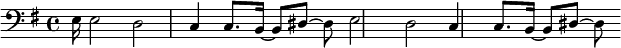{\clef bass \key g \major e16 e2 d c4 c8.[ b,16]~ b,8[ dis8] ~ dis e2 d c4 c8.[ b,16]~ b,8[ dis8] ~ dis}