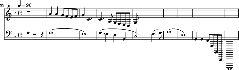 {
<<
\relative c '' {
\new Staff {
\set Staff.midiMinimumVolume = #0.1
\set Staff.midiMaximumVolume = #0.3
\set Score.currentBarNumber = #39 \bar "" \tempo 4=90 \key f \major
r1 a4 a g8 f e f g4 c,2. c4. a8 g f e d g
}
}
\relative c {
\new Staff \with {midiInstrument = #"acoustic bass"}
{
\set Staff.midiMinimumVolume = #0.7
\set Staff.midiMaximumVolume = #0.9
\clef bass \key f \major
f4 r2 r4 f1( e1) f4( ees d g, c2) e4.( f8) g1( d1) g,4 g f8 a, bes, bes, a,1
}
}
>>
}
\midi{}