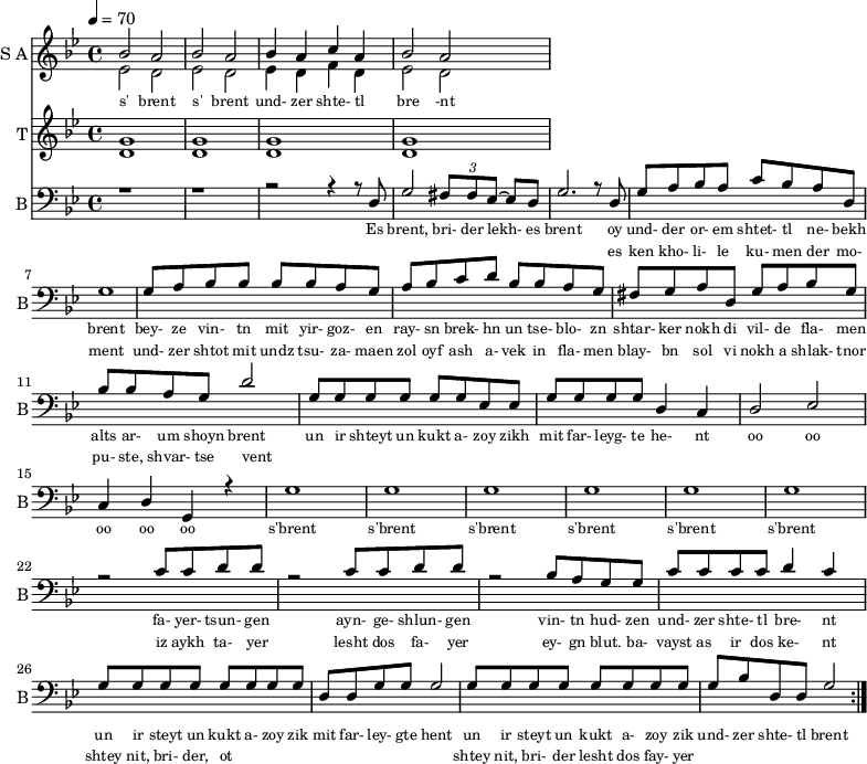 <<
\new Staff
\with {instrumentName = "S A"
shortInstrumentName = "S A"}
<<
\set Staff.midiMinimumVolume = #0.3
\set Staff.midiMaximumVolume = #0.7
\set Score.currentBarNumber = #1 \bar "" \tempo 4=70 \time 4/4 \key bes \major
\new Voice = "one" \relative c '' {
\voiceOne
bes2 a bes a bes4 a c a bes2 a
}
\new Voice = "two" \relative c '{
\voiceTwo
ees2 d ees d ees4 d f d ees2 d
}
>>
\new Lyrics \lyricsto "one" {\set fontSize = #-2
s' brent s' brent und- zer shte- tl bre -nt
}
\new Staff
\with {instrumentName = "T"
shortInstrumentName = "T"}
<<
\set Staff.midiMinimumVolume = #0.3
\set Staff.midiMaximumVolume = #0.5
\set Score.currentBarNumber = #1 \bar "" \tempo 4=70 \time 4/4 \key bes \major
\new Voice = "three" \fixed c ' {
\voiceOne
g1 g g g
}
\new Voice = "four" \fixed c ' {
\voiceTwo
d1 d d d
}
>>
\new Lyrics \lyricsto "three" {\set fontSize = #-2
}
\repeat volta 2
\new Staff \with {midiInstrument = #"acoustic bass"
instrumentName = "B"
shortInstrumentName = "B"} <<
\set Staff.midiMinimumVolume = #14.7
\set Staff.midiMaximumVolume = #15.9
\set Score.currentBarNumber = #1 \bar "" \tempo 4=70 \time 4/4 \key bes \major
\clef bass
\new Voice = "five"{
\voiceOne
r1 r r2 r4 r8 d g2 \tuplet 3/2 {fis8 fis ees~} ees d g2. r8 d g a bes a c' bes a d g1 g8 a bes bes bes bes a g a bes c' d' bes bes a g fis g a d g a bes g bes bes a g d'2 g8 g g g g g ees ees g g g g d4 c d2 ees c4 d g, r4 g1 g g g g g r2 c'8 c' d' d' r2 c'8 c' d' d' r2 bes8 a g g c' c' c' c' d'4 c' g8 g g g g g g g d d g g g2 g8 g g g g g g g g bes d d g2
}
>>
\new Lyrics \lyricsto "five" {\set fontSize = #-2
Es brent, bri- der lekh- es brent oy und- der or- em shtet- tl ne- bekh brent bey- ze vin- tn mit yir- goz- en ray- sn brek- hn un tse- blo- zn shtar- ker nokh di vil- de fla- men alts ar- um shoyn brent un ir shteyt un kukt a- zoy zikh mit far- leyg- te he- nt oo oo oo oo oo s'brent s'brent s'brent s'brent s'brent s'brent fa- yer- tsun- gen ayn- ge- shlun- gen vin- tn hud- zen und- zer shte- tl bre- nt un ir steyt un kukt a- zoy zik mit far- ley- gte hent un ir steyt un kukt a- zoy zik und- zer shte- tl brent
}
\new Lyrics \lyricsto "five" {\set fontSize = #-2
_ _ _ _ _ _ _ es ken kho- li- le ku- men der mo- ment und- zer shtot mit undz tsu- za- maen zol oyf ash a- vek in fla- men blay- bn sol vi nokh a shlak- tnor pu- ste, shvar- tse vent _ _ _ _ _ _ _ _ _ _ _ _ _ _ _ _ _ _ _ _ _ _ _ _ _ iz aykh ta- yer lesht dos fa- yer ey- gn blut. ba- vayst as ir dos ke- nt shtey nit, bri- der, ot _ _ _ _ _ _ _ _ shtey nit, bri- der lesht dos fay- yer
}
>>
\midi{}