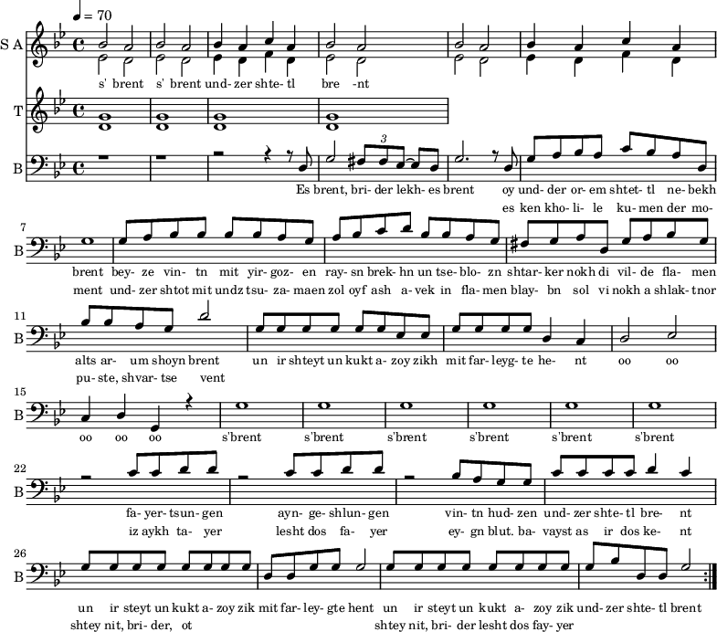 
<< 
  
  \new Staff     
    \with {instrumentName = "S A"
           shortInstrumentName = "S A"}
    <<
    \set Staff.midiMinimumVolume = #0.3
    \set Staff.midiMaximumVolume = #0.7
    \set Score.currentBarNumber = #1 \bar "" \tempo 4=70 \time 4/4 \key bes \major

    \new Voice = "one" \relative c '' {  
      \voiceOne
        bes2 a bes a bes4 a c a bes2 a bes a bes4 a c a
    }
    \new Voice = "two" \relative c '{  
      \voiceTwo
        ees2 d ees d ees4 d f d ees2 d ees d ees4 d f d
    }
    >>
    \new Lyrics \lyricsto "one" {\set fontSize = #-2
      s' brent s' brent und- zer shte- tl bre -nt
    }
  \new Staff  
    \with {instrumentName = "T"
           shortInstrumentName = "T"}
    <<
    \set Staff.midiMinimumVolume = #0.3
    \set Staff.midiMaximumVolume = #0.5      
    \set Score.currentBarNumber = #1 \bar "" \tempo 4=70 \time 4/4 \key bes \major
    \new Voice = "three" \fixed c ' {
      \voiceOne
       g1 g  g g 
    }
    \new Voice = "four" \fixed c ' {
      \voiceTwo
       d1 d d d
    }    
    >>
    \new Lyrics \lyricsto "three" {\set fontSize = #-2
    
    }
  \repeat volta 2
  \new Staff \with {midiInstrument = #"acoustic bass"
       instrumentName = "B"
       shortInstrumentName = "B"} <<
    \set Staff.midiMinimumVolume = #14.7
    \set Staff.midiMaximumVolume = #15.9
    \set Score.currentBarNumber = #1 \bar "" \tempo 4=70 \time 4/4 \key bes \major
    \clef bass 
    \new Voice = "five"{
      \voiceOne 
      r1 r r2 r4 r8 d g2 \tuplet 3/2 {fis8 fis ees~} ees d g2. r8 d g a bes a c' bes a d g1 g8 a bes bes bes bes a g a bes c' d' bes bes a g fis g a d g a bes g bes bes a g d'2 g8 g g g g g ees ees g g g g d4 c d2 ees c4 d g, r4 g1 g g g g g r2 c'8 c' d' d' r2 c'8 c' d' d' r2 bes8 a g g c' c' c' c' d'4 c' g8 g g g g g g g d d g g g2 g8 g g g g g g g g bes d d g2 
    }
    >>
    \new Lyrics \lyricsto "five" {\set fontSize = #-2
    Es brent, bri- der lekh- es brent oy und- der or- em shtet- tl ne- bekh brent bey- ze vin- tn mit yir- goz- en ray- sn brek- hn un tse- blo- zn shtar- ker nokh di vil- de fla- men alts ar- um shoyn brent un ir shteyt un kukt a- zoy zikh mit far- leyg- te he- nt oo oo oo oo oo s'brent s'brent s'brent s'brent s'brent s'brent fa- yer- tsun- gen ayn- ge- shlun- gen vin- tn hud- zen und- zer shte- tl bre- nt un ir steyt un kukt a- zoy zik mit far- ley- gte hent un ir steyt un kukt a- zoy zik und- zer shte- tl brent
    }
    \new Lyrics \lyricsto "five" {\set fontSize = #-2
            _ _ _ _ _ _ _                 es ken kho- li- le ku- men der mo- ment und- zer shtot mit undz tsu- za- maen zol oyf ash a- vek in fla- men blay- bn sol vi nokh a shlak- tnor pu- ste, shvar- tse vent _ _ _ _ _ _ _ _  _ _ _ _ _ _ _ _ _ _ _ _  _ _ _ _ _ iz aykh ta- yer  lesht dos fa- yer ey- gn blut. ba- vayst as ir dos ke- nt  shtey nit, bri- der, ot _ _ _ _ _ _ _ _ shtey nit, bri- der lesht dos fay- yer          
}
>>
\midi{}