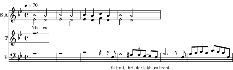 
<<
  \new Staff     
    \with {instrumentName = "S A"
           shortInstrumentName = "S A"}
    <<
    \set Staff.midiMinimumVolume = #0.3
    \set Staff.midiMaximumVolume = #0.7
    \set Score.currentBarNumber = #1 \bar "" \tempo 4=70 \time 4/4 \key bes \major

    \new Voice = "one" \relative c '' {  
      \voiceOne
        bes2 a bes a bes4 a c a bes2 a
    }
    \new Voice = "two" \relative c '{  
      \voiceTwo
        ees2 d ees d ees4 d f d ees2 d  
    }
    >>
    \new Lyrics \lyricsto "one" {\set fontSize = #-2
      Nit zu
    }
  \new Staff  
    \with {instrumentName = "T"
           shortInstrumentName = "T"}
    <<
    \set Staff.midiMinimumVolume = #0.3
    \set Staff.midiMaximumVolume = #0.5      
    \set Score.currentBarNumber = #1 \bar "" \tempo 4=70 \time 4/4 \key bes \major
    \new Voice = "three" \fixed c '' {
      \voiceOne
      r2. 
    }
    >>
    \new Lyrics \lyricsto "three" {\set fontSize = #-2
    
    }

  \new Staff \with {midiInstrument = #"acoustic bass"
       instrumentName = "B"
       shortInstrumentName = "B"} <<
    \set Staff.midiMinimumVolume = #4.7
    \set Staff.midiMaximumVolume = #5.9
    \set Score.currentBarNumber = #1 \bar "" \tempo 4=70 \time 4/4 \key bes \major
    \clef bass 
    \new Voice = "four"{
      \voiceOne 
      r1 r r2 r4 r8 d g2 \tuplet 3/2 {fis8 fis ees~} ees d g2. r8 d g a bes a c' bes a d
    }
    >>
    \new Lyrics \lyricsto "four" {\set fontSize = #-2
    Es bret, bri- der lekh- es brent 
    }
>>
\midi{}