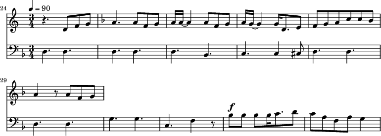 
{
  <<
    \relative c ' {
      \new Staff {
        \set Staff.midiMinimumVolume = #1.1
        \set Staff.midiMaximumVolume = #1.3
        \set Score.currentBarNumber = #24 \bar "" \tempo 4=90  \key c \major \time 3/4
        r4. d8 f8 g8 \key f \major a4. a8 f g a16 a~ a4 a8 f g a16 g~ g4 g16 d8. e8 f g a c c bes a4 r8 a f g
      }

    }
    \new Staff  \with {midiInstrument = #"acoustic bass"} 
    {
      \set Staff.midiMinimumVolume = #2.7
      \set Staff.midiMaximumVolume = #3.9
      \set Score.currentBarNumber = #24 \bar ""
      \clef bass \key f \major \time 3/4
      d4. d d d d bes, c c4 cis8 d4. d d d g g c f4 r8 bes8^\f bes bes bes16 c'8. d'8 c' a f a g4
    }
  >>
}
\midi{}