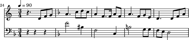 {
<<
\relative c ' {
\new Staff {
\set Staff.midiMinimumVolume = #1.1
\set Staff.midiMaximumVolume = #1.3
\set Score.currentBarNumber = #24 \bar "" \tempo 4=90 \key c \major \time 3/4
r4. d8 f8 g8 \key f \major a4. c8 d c a4 f8. f16 a8 f8 a4. f8 g e d4. d8 f a
}
}
\new Staff \with {midiInstrument = #"acoustic bass"}
{
\set Staff.midiMinimumVolume = #2.7
\set Staff.midiMaximumVolume = #3.9
\set Score.currentBarNumber = #24 \bar ""
\clef bass \key f \major \time 3/4
r4 r4 r4 \key f \major f'2 bis4 f2 c4 b2 g8 g f e d2
}
>>
}
\midi{}