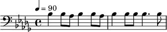 {\clef bass \tempo 4=90 \key des \major bes bes8 aes bes4 bes8 aes bes4 bes8 bes8 bes4. bes8 }\midi{}