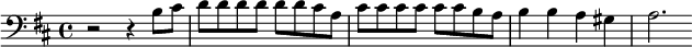 {\clef bass \key d \major r2 r4 b8 cis' d' d' d' d' d' d' cis' a cis' cis' cis' cis' cis' cis' b a b4 b a gis a2.}
