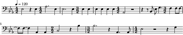 {\clef bass \tempo 4 = 120 \key ees \major \numericTimeSignature
\time 4/2 ees2 r4 ees\time 4/2 aes2. ees4 ees2. ees4 \time 3/2 ees4 ees ees ees ees ees \time 4/2 aes,2 r2 r4 r8 bes,8 ees8 g4.
\time 3/2 f4 f8 f~ f f~ f4 aes, aes, \time 2/2 c2 r4 bes \time 3/2 bes2. r4 aes,4. aes,8 \time 4/2 ees2 r2 r4 g
}\midi{}