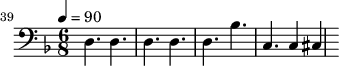{\clef bass \tempo 4=90\key f \major \time 6/8 
\set Score.currentBarNumber = #39 \bar ""
d4. d d d d bes c c4 cis
}
\midi{}
