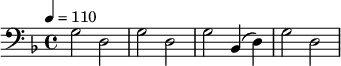 {\clef bass \tempo 4=110 \key f \major g2 d g d g bes,4( d) g2 d}\midi{}