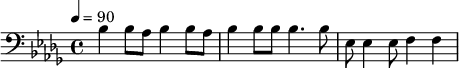 {
\clef bass \tempo 4=90 \key des \major
\set Staff.midiMinimumVolume = #20.0
\set Staff.midiMaximumVolume = #28.0
\set Score.currentBarNumber = #1 \bar ""
bes bes8 aes bes4 bes8 aes bes4 bes8 bes8 bes4. bes8 ees ees4 ees8 f4 f }\midi{}