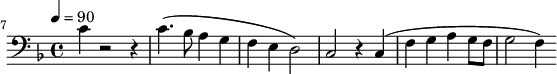 {\clef bass \tempo 4=90 \key f \major
\set Score.currentBarNumber = #7 \bar ""
c'4 r2 r4 c'4.( bes8 a4 g f e d2) c r4 c( f g a g8 f g2 f4)
}\midi{}