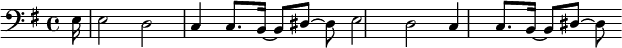 {\clef bass \key g \major \partial 16 e16 e2 d c4 c8.[ b,16]~ b,8[ dis8] ~ dis e2 d c4 c8.[ b,16]~ b,8[ dis8] ~ dis}