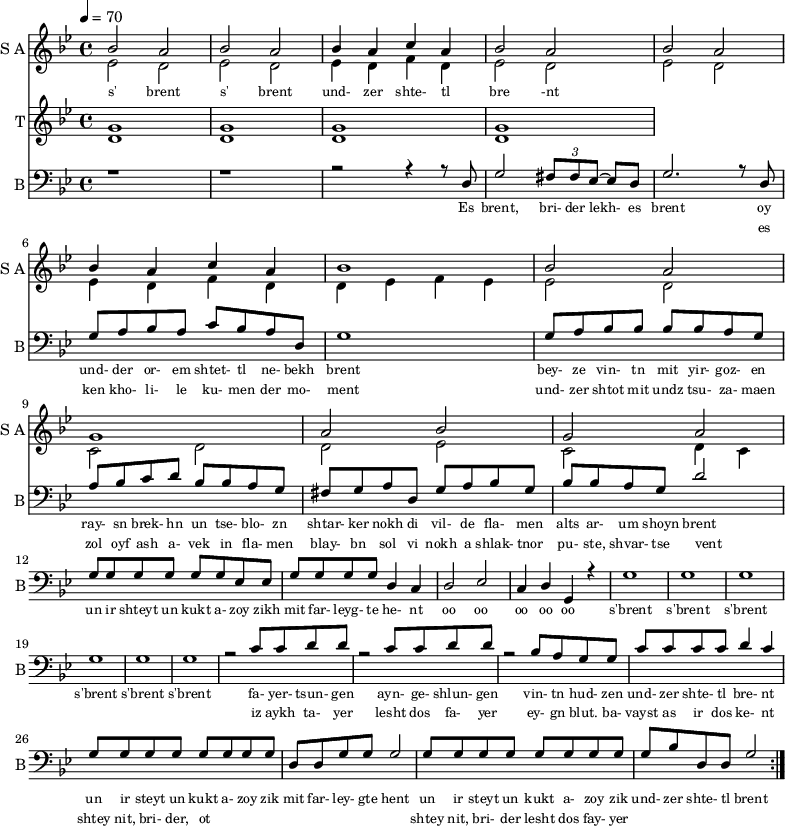 <<
\new Staff
\with {instrumentName = "S A"
shortInstrumentName = "S A"}
<<
\set Staff.midiMinimumVolume = #0.3
\set Staff.midiMaximumVolume = #0.7
\set Score.currentBarNumber = #1 \bar "" \tempo 4=70 \time 4/4 \key bes \major
\new Voice = "one" \relative c '' {
\voiceOne
bes2 a bes a bes4 a c a bes2 a bes a bes4 a c a bes1 bes2 a g1 a2 bes g a
}
\new Voice = "two" \relative c '{
\voiceTwo
ees2 d ees d ees4 d f d ees2 d ees d ees4 d f d d ees f ees ees2 d c d d ees c d4 c
}
>>
\new Lyrics \lyricsto "one" {\set fontSize = #-2
s' brent s' brent und- zer shte- tl bre -nt
}
\new Staff
\with {instrumentName = "T"
shortInstrumentName = "T"}
<<
\set Staff.midiMinimumVolume = #0.3
\set Staff.midiMaximumVolume = #0.5
\set Score.currentBarNumber = #1 \bar "" \tempo 4=70 \time 4/4 \key bes \major
\new Voice = "three" \fixed c ' {
\voiceOne
g1 g g g
}
\new Voice = "four" \fixed c ' {
\voiceTwo
d1 d d d
}
>>
\new Lyrics \lyricsto "three" {\set fontSize = #-2
}
\repeat volta 2
\new Staff \with {midiInstrument = #"acoustic bass"
instrumentName = "B"
shortInstrumentName = "B"} <<
\set Staff.midiMinimumVolume = #14.7
\set Staff.midiMaximumVolume = #15.9
\set Score.currentBarNumber = #1 \bar "" \tempo 4=70 \time 4/4 \key bes \major
\clef bass
\new Voice = "five"{
\voiceOne
r1 r r2 r4 r8 d g2 \tuplet 3/2 {fis8 fis ees~} ees d g2. r8 d g a bes a c' bes a d g1 g8 a bes bes bes bes a g a bes c' d' bes bes a g fis g a d g a bes g bes bes a g d'2 g8 g g g g g ees ees g g g g d4 c d2 ees c4 d g, r4 g1 g g g g g r2 c'8 c' d' d' r2 c'8 c' d' d' r2 bes8 a g g c' c' c' c' d'4 c' g8 g g g g g g g d d g g g2 g8 g g g g g g g g bes d d g2
}
>>
\new Lyrics \lyricsto "five" {\set fontSize = #-2
Es brent, bri- der lekh- es brent oy und- der or- em shtet- tl ne- bekh brent bey- ze vin- tn mit yir- goz- en ray- sn brek- hn un tse- blo- zn shtar- ker nokh di vil- de fla- men alts ar- um shoyn brent un ir shteyt un kukt a- zoy zikh mit far- leyg- te he- nt oo oo oo oo oo s'brent s'brent s'brent s'brent s'brent s'brent fa- yer- tsun- gen ayn- ge- shlun- gen vin- tn hud- zen und- zer shte- tl bre- nt un ir steyt un kukt a- zoy zik mit far- ley- gte hent un ir steyt un kukt a- zoy zik und- zer shte- tl brent
}
\new Lyrics \lyricsto "five" {\set fontSize = #-2
_ _ _ _ _ _ _ es ken kho- li- le ku- men der mo- ment und- zer shtot mit undz tsu- za- maen zol oyf ash a- vek in fla- men blay- bn sol vi nokh a shlak- tnor pu- ste, shvar- tse vent _ _ _ _ _ _ _ _ _ _ _ _ _ _ _ _ _ _ _ _ _ _ _ _ _ iz aykh ta- yer lesht dos fa- yer ey- gn blut. ba- vayst as ir dos ke- nt shtey nit, bri- der, ot _ _ _ _ _ _ _ _ shtey nit, bri- der lesht dos fay- yer
}
>>
\midi{}
