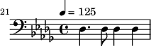 {\clef bass \tempo 4=125 \key des \major 
\set Score.currentBarNumber = #21 \bar ""
des4. des8 des4 des4}\midi{}