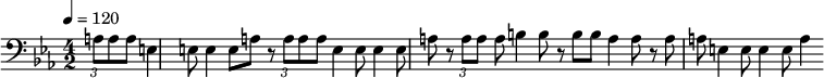 {\clef bass \tempo 4 = 120 \key ees \major \time 4/2 \partial 4. \tuplet 3/2 a8 a a e4 e8 e4 e8 a r8 \tuplet 3/2 a8 a a e4 e8 e4 e8 a r8 \tuplet 3/2 a8 a a b4 b8 r8 b8 b a4 a8 r8 a8 a e4 e8 e4 e8 a4 }\midi{}